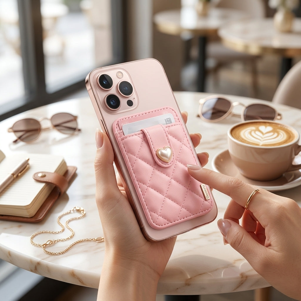 OartnSw Pearl Heart Quilted Phone Wallet