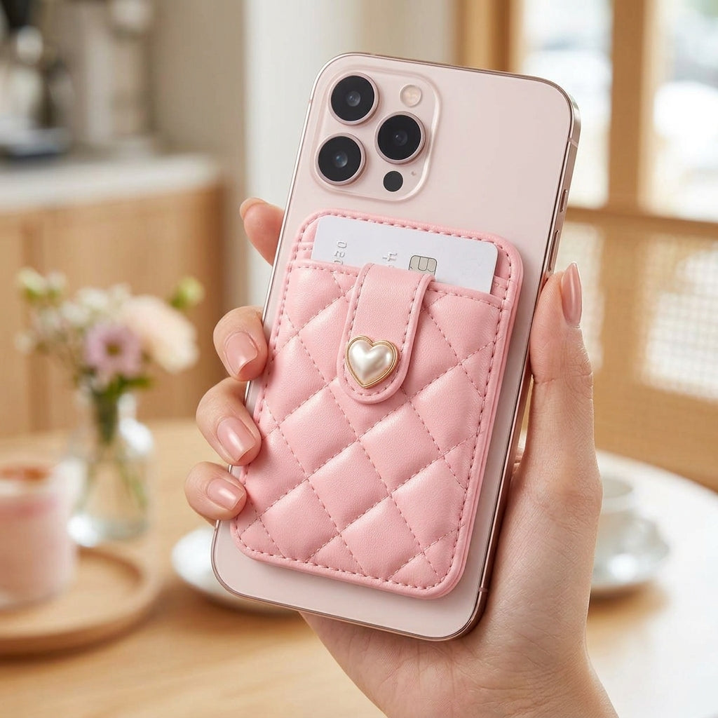 OartnSw Pearl Heart Quilted Phone Wallet