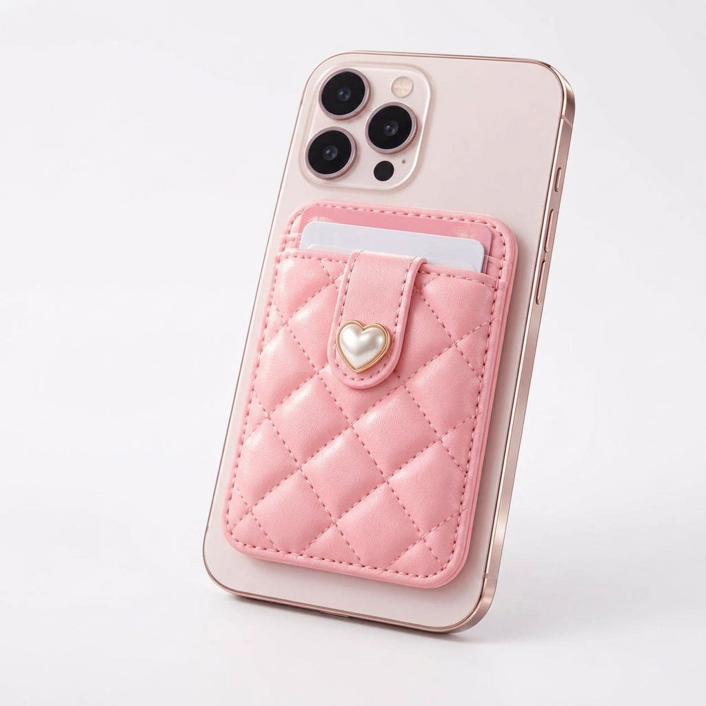 OartnSw Pearl Heart Quilted Phone Wallet